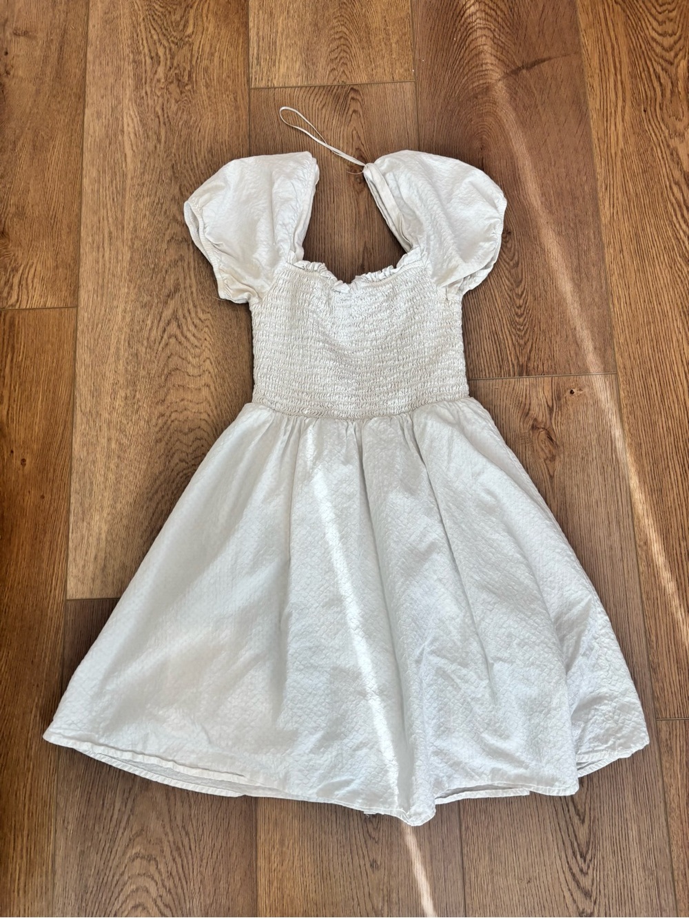 Girls White Puff-Sleeve Smocked Bodice Dress